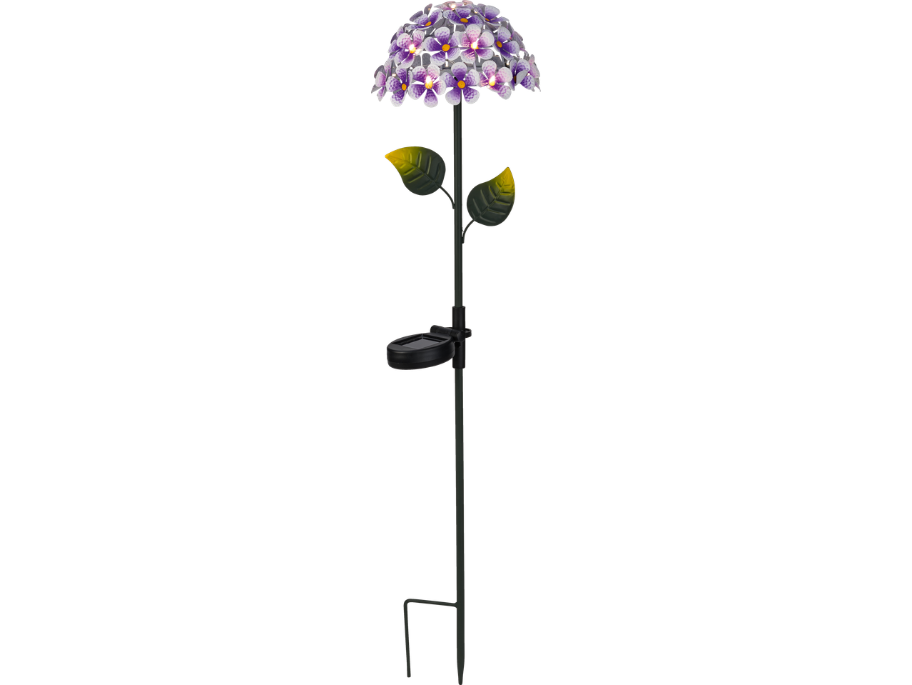 LIVARNO Solar-Gartenleuchte: Lampă solară de grădină în formă de hortensie violetă cu frunze.