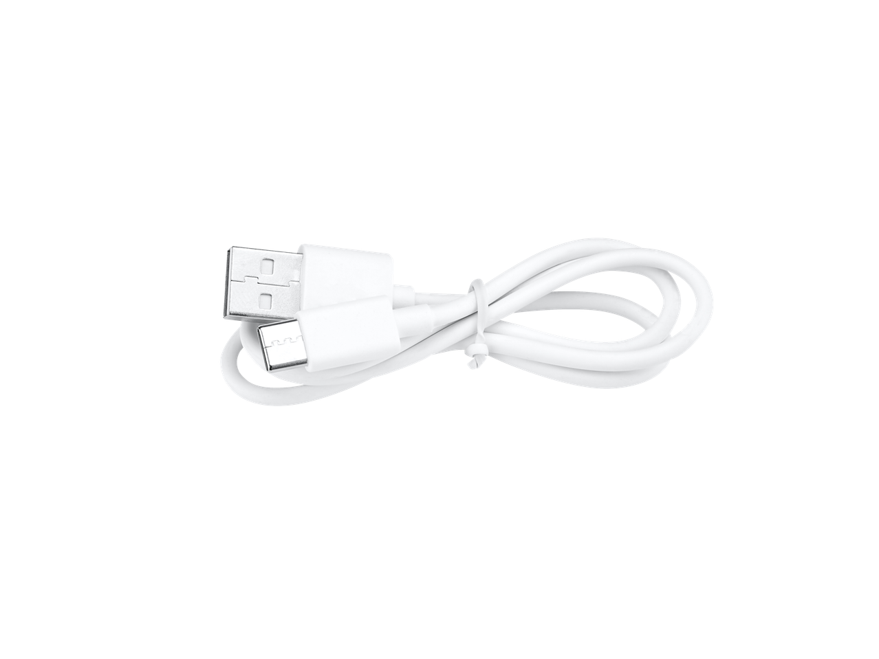Cabo de carregamento branco USB-A para USB-C, cuidadosamente enrolado e preso