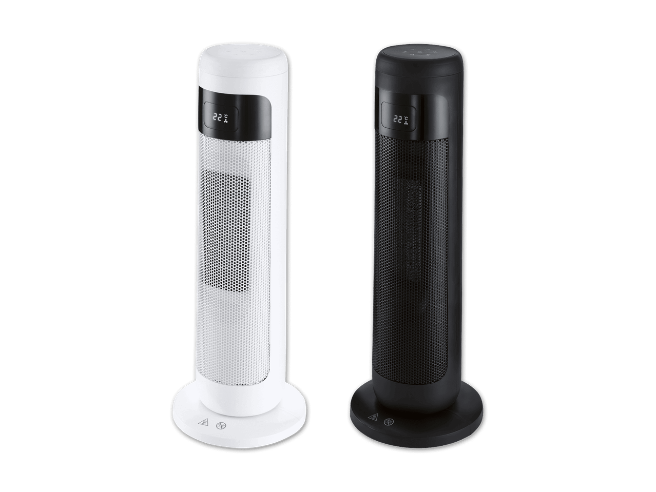 Zwei Turmheizlüfter, einer weiß und einer schwarz, mit digitaler Anzeige von 22°C.