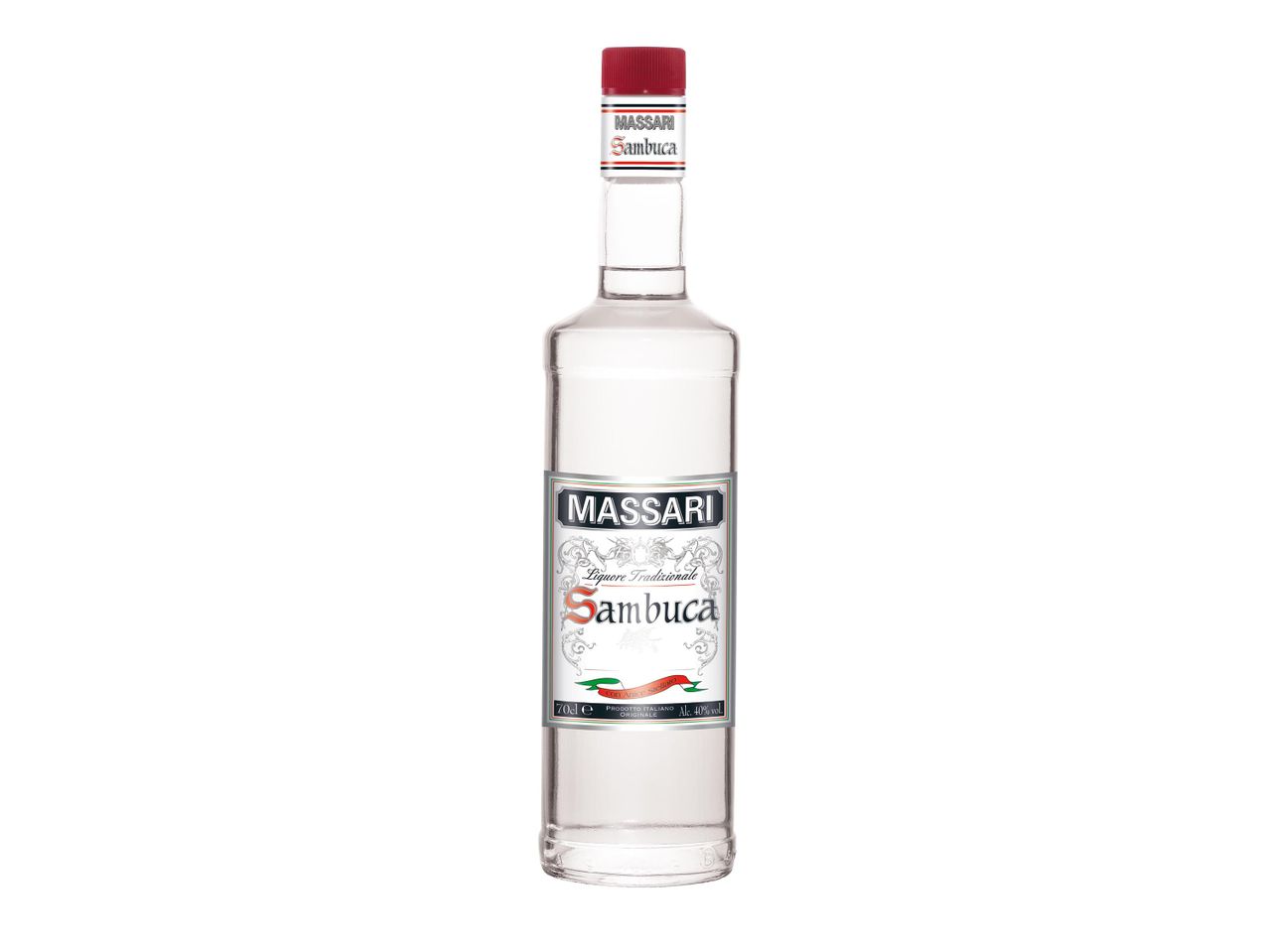 Massari Sambuca likőr egy átlátszó üvegben, piros kupakkal és fehér címkével.