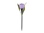 Purple tulip-shaped solar garden light with green leaves and a black stake.