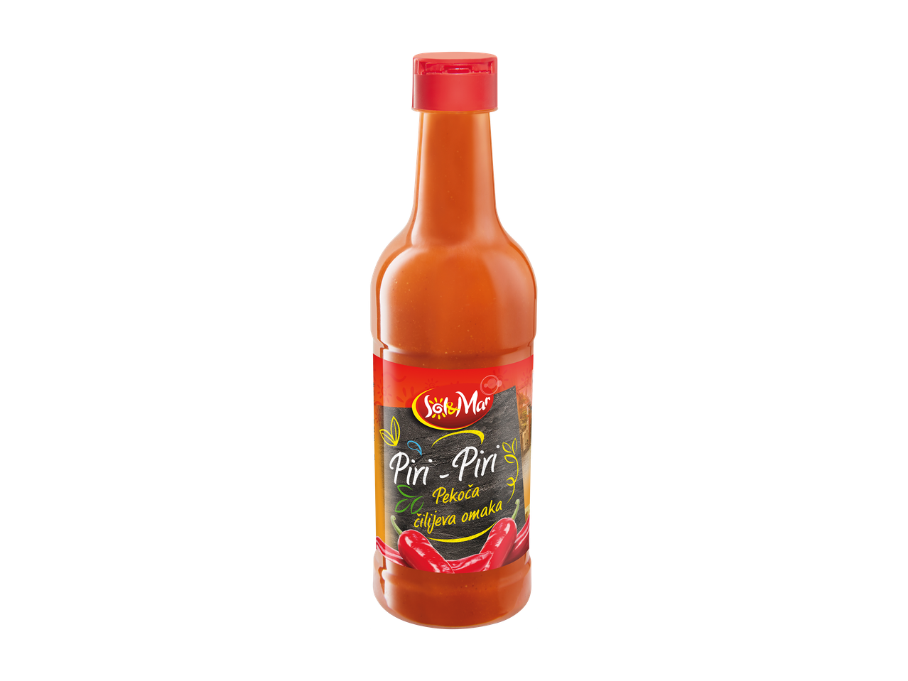 Steklenica pekoče čili omake Piri-Piri z rdečimi čiliji na etiketi.