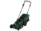 Parkside lawn mower: green and black model with red wheels.