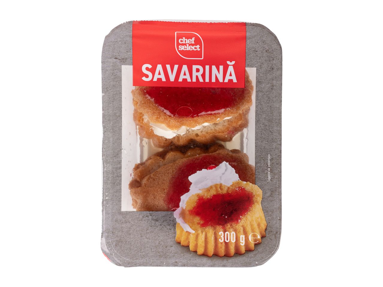 Savarína Chef Select: 300 g prăjituri cu gem și frișcă.