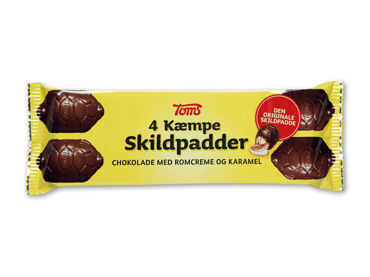 Gul indpakning med fire chokoladeskildpadder fyldt med romcreme og karamel.