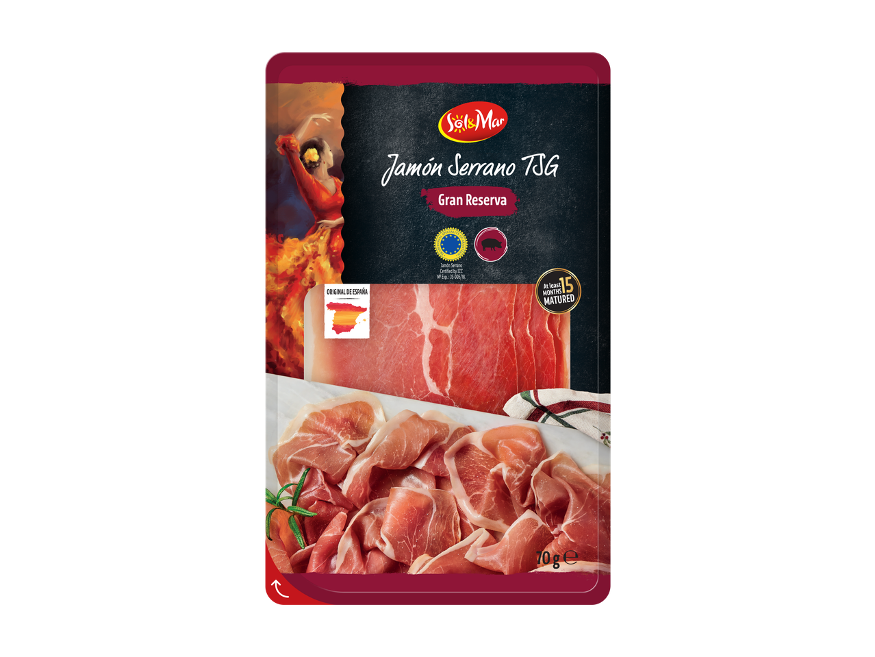 Sol&Mar Jamón Serrano TSG Gran Reserva, verpakt, met een flamenco danseres illustratie.