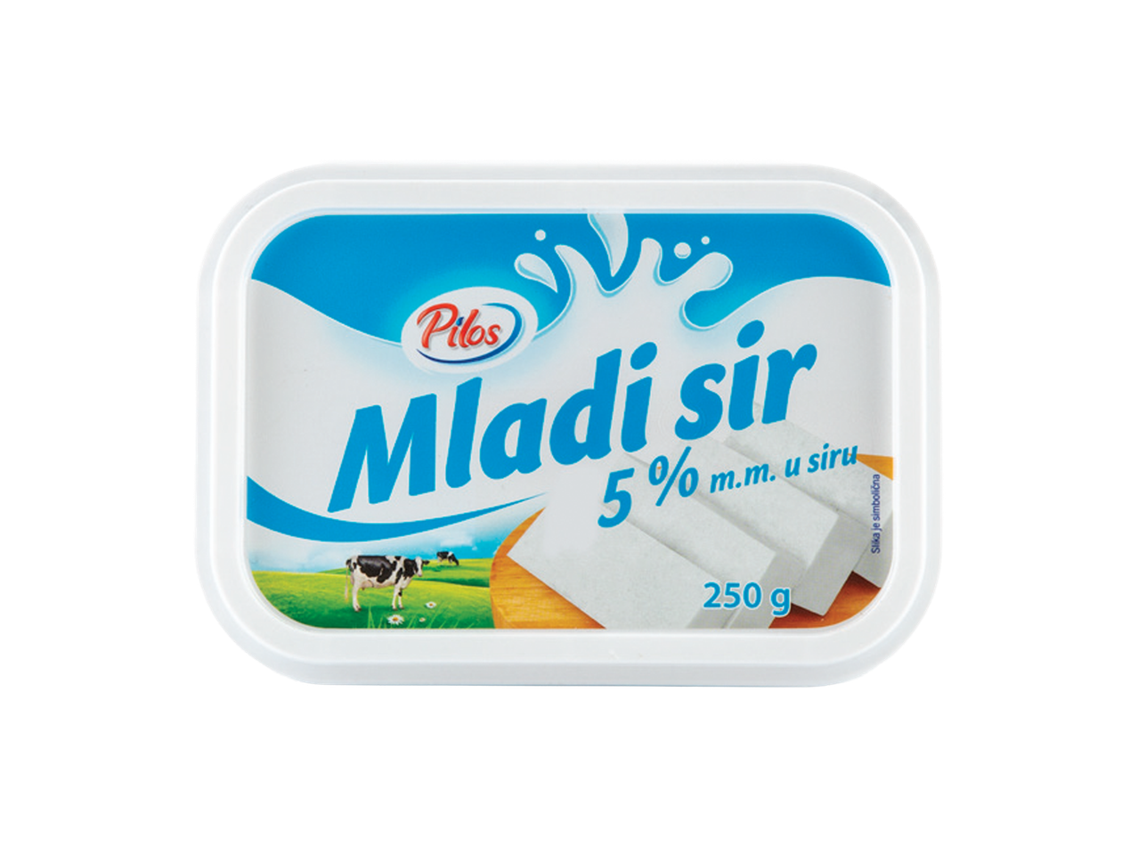 Pakovanje mladog sira sa 5% mlečne masti, prikazuje krave na pašnjaku i kriške sira, 250g.