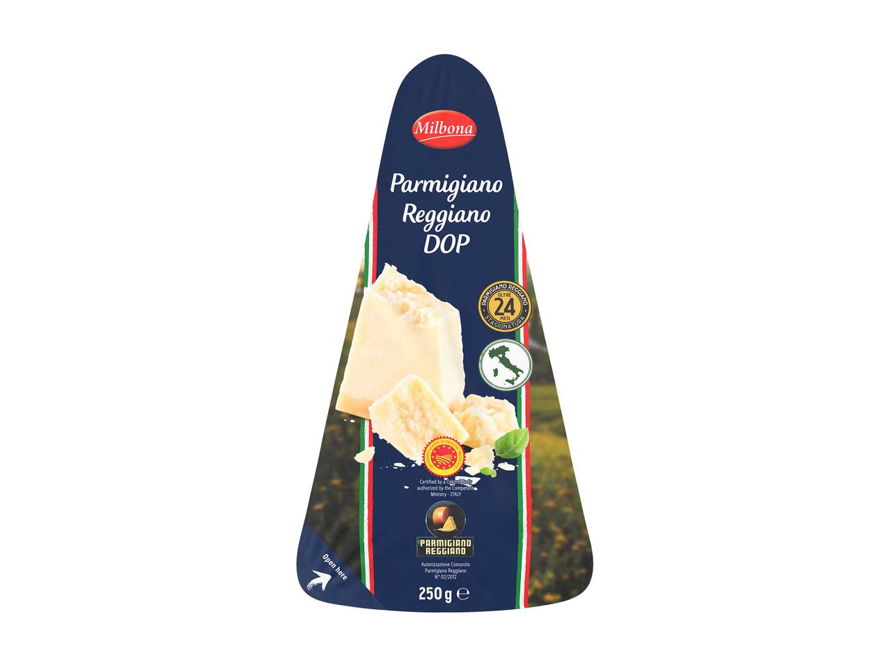 Milbona Parmigiano Reggiano DOP sajt csomagolása, 250g-os kiszerelésben.