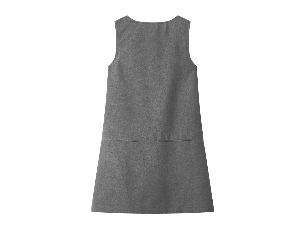 Back view of a plain grey sleeveless school pinafore dress with a round neckline.
