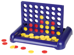 Игра Connect 4 с червени и жълти пулове на бял фон.