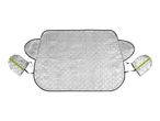 Silver car windshield cover with side mirror covers and reflective strips.