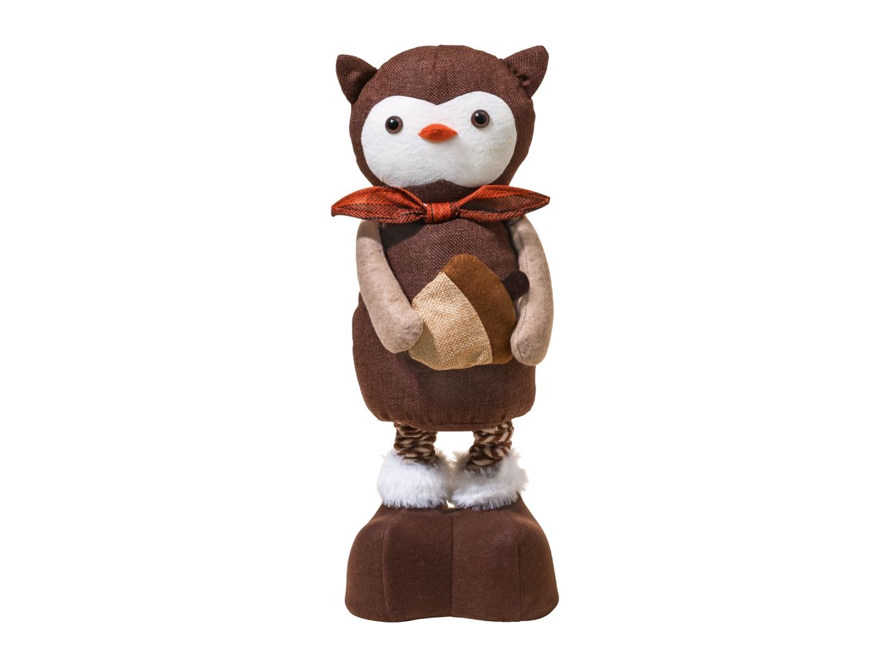 Brown owl plush toy with an orange bow and an acorn