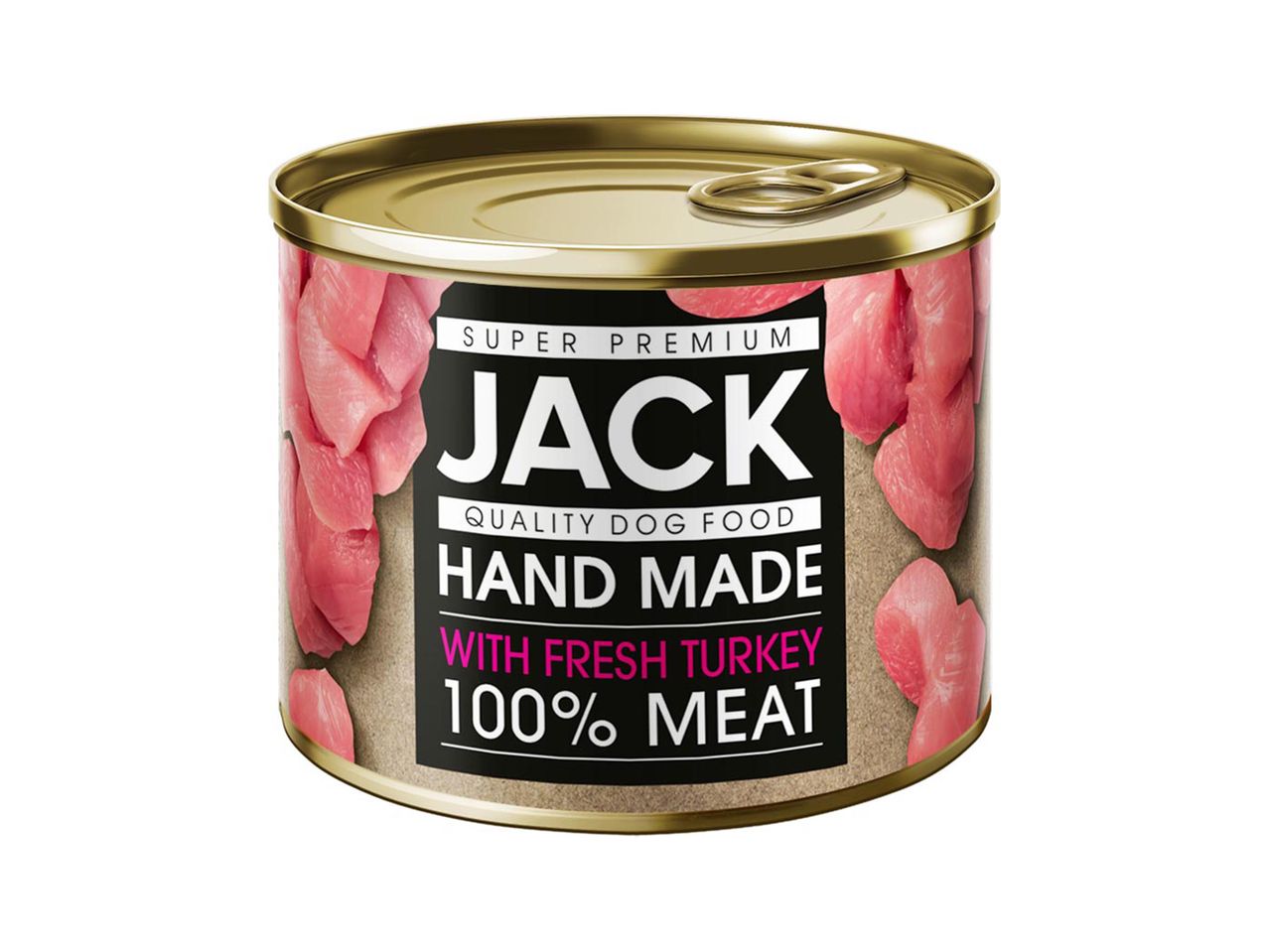 Jack márkanévű, prémium minőségű, kézzel készített, friss pulykás kutyaeledel konzervdoboz.