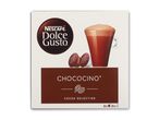 Pakke med chococino-kapsler til kaffemaskine, med et billede af en kop chococino og to kapsler.