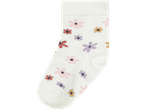 A single off-white baby sock with a small floral pattern.
