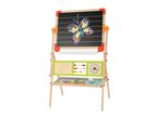 A children's wooden easel with a chalkboard drawing of a butterfly, an abacus, and alphabet letters.