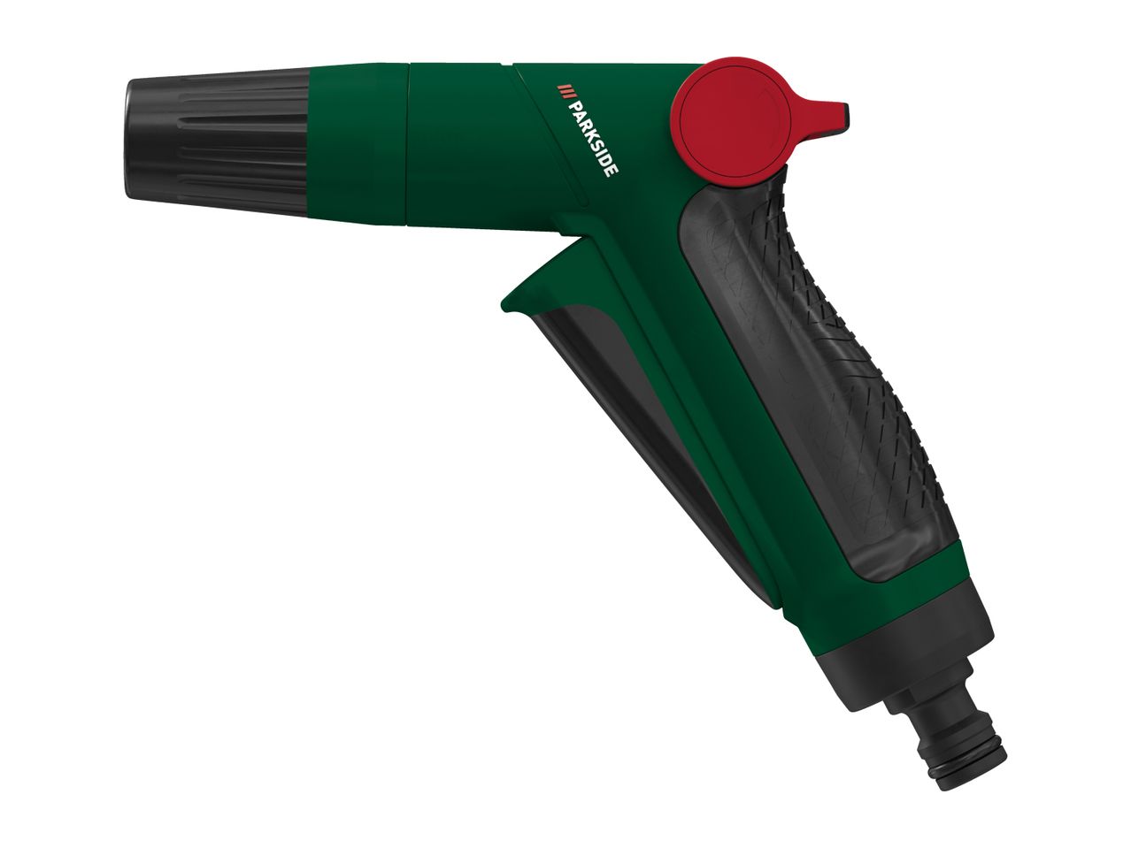 Green and black garden spray gun with a red control knob, angled on a white background.