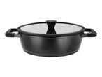 Dark grey cooking pot with a glass lid and black handles.