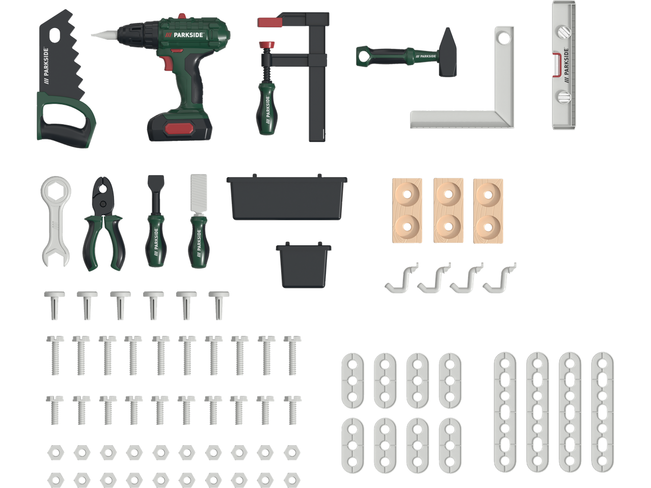 A collection of Playtive Parkside toy tools including a drill, saw, hammer, wrench, pliers, and various fasteners.