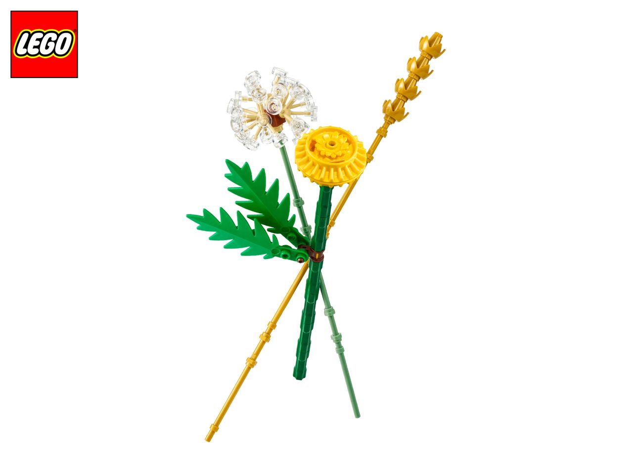 A bouquet of artificial flowers made from building blocks, featuring a white dandelion, a yellow flower, and golden wheat stalks.