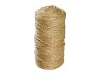 A tall spool of natural jute twine, tightly wound and standing upright.