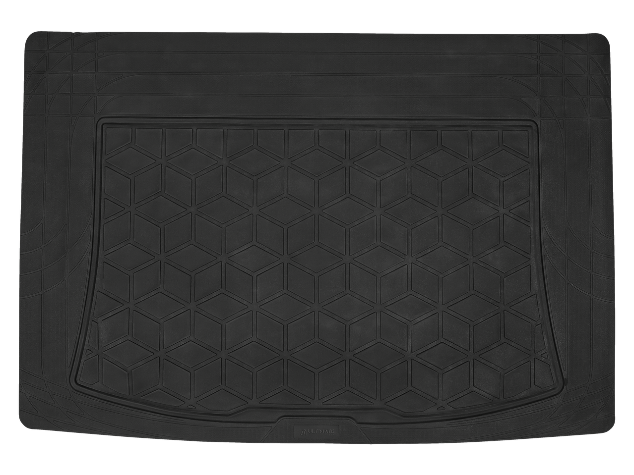Black rubber car boot mat with a geometric pattern and raised edges.