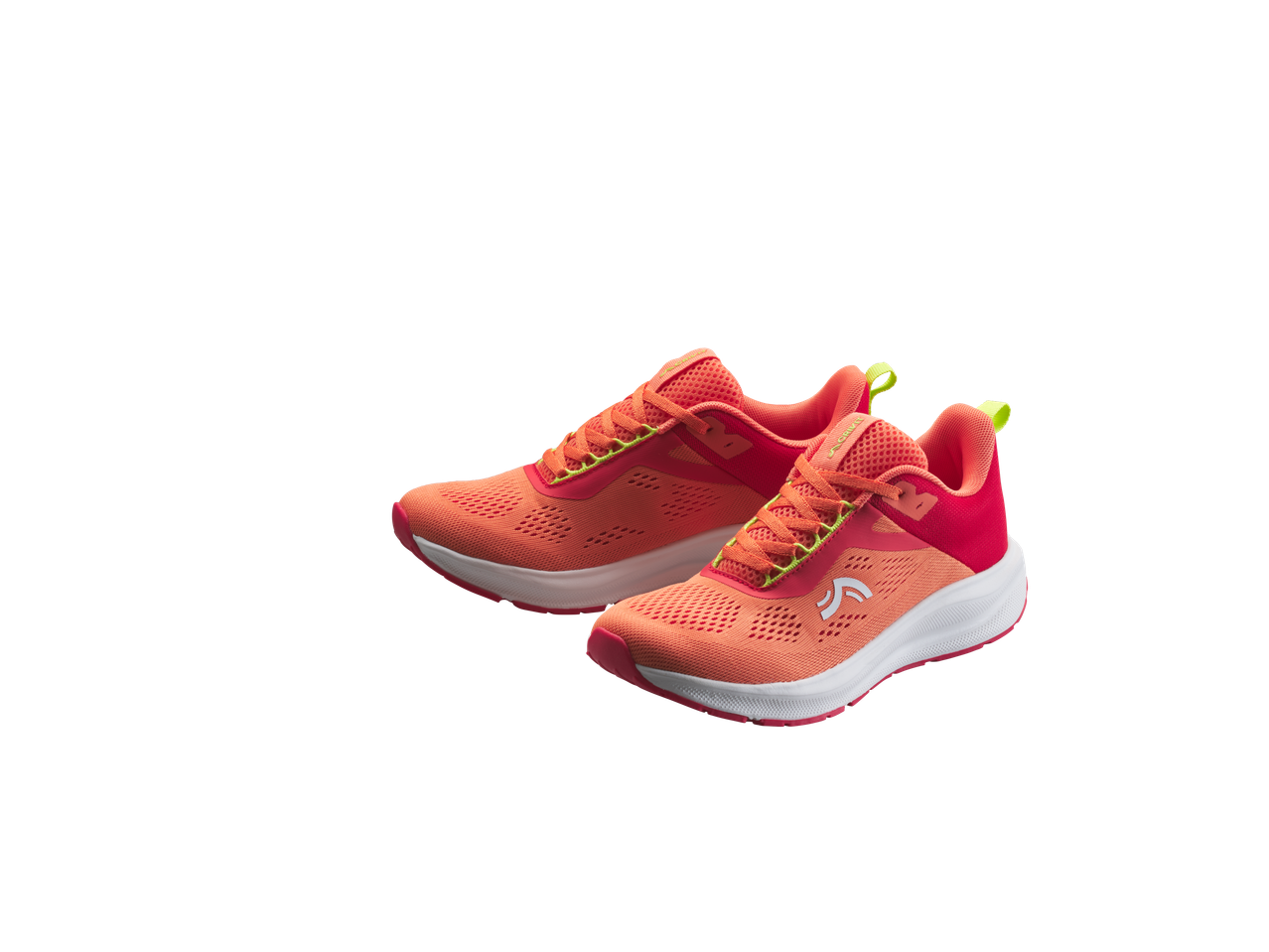 Pair of vibrant coral and red running shoes with neon yellow accents on a black background.