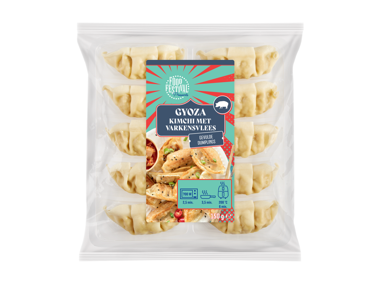Food Festival Gyoza Kimchi met Varkensvlees dumplings, 150g, met bereidingsinstructies.