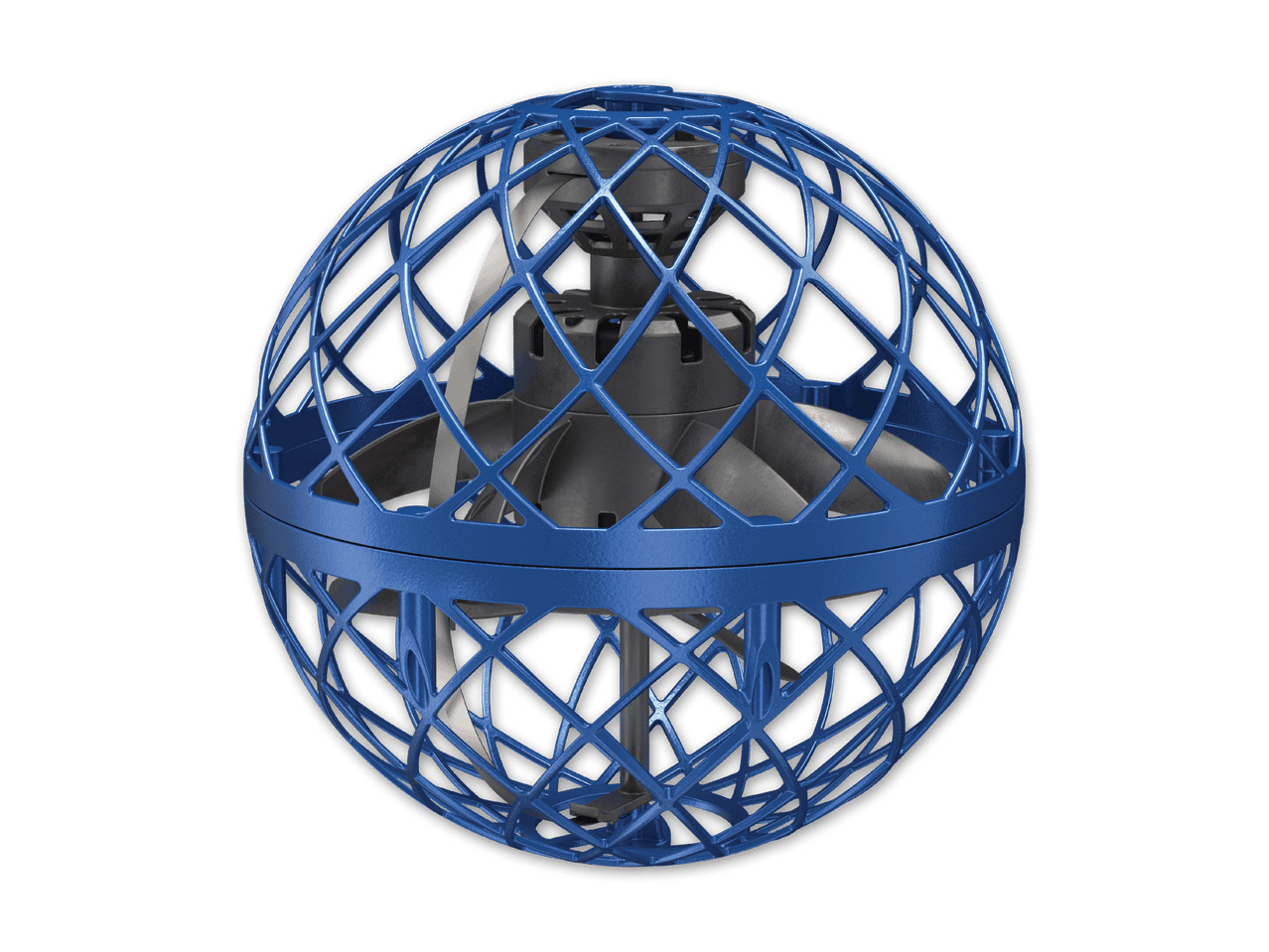 Blauer fliegender Ball mit Gitterstruktur und Propeller im Inneren