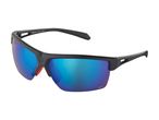 Black sports sunglasses with blue mirrored lenses, marked 'Made in China 12/2024' and 'CAT.3'