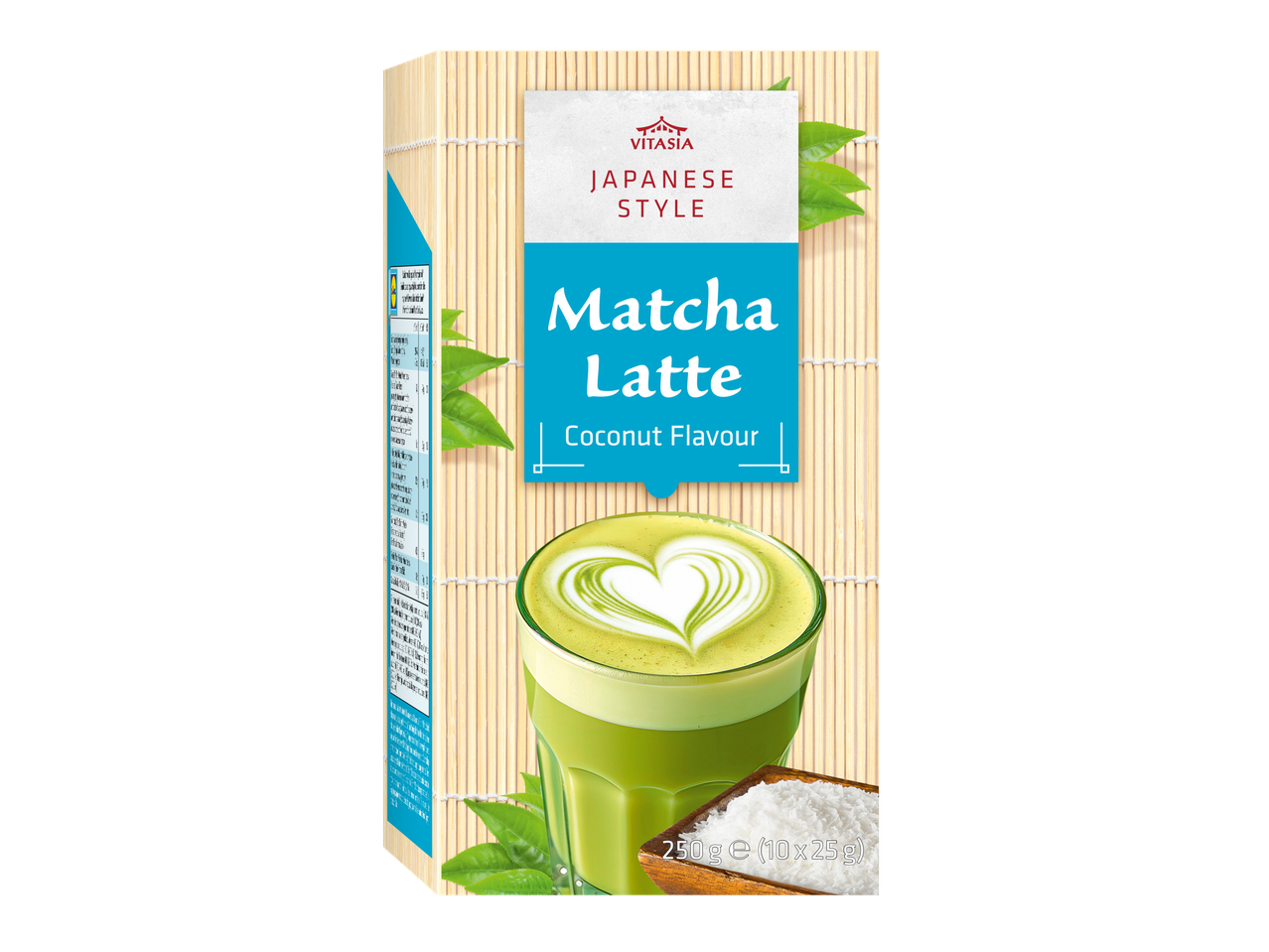 Boîte de Matcha Latte saveur noix de coco, style japonais, avec une tasse de matcha.