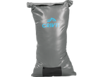 Grey waterproof dry bag with a blue logo and a transparent window at the bottom.