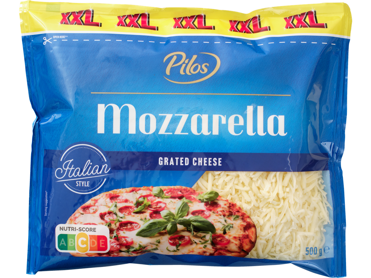 Pilos XXL riivitud mozzarella juustu kott pitsapildiga, 500g.
