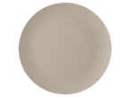 A single, round, light beige dinner plate on a black background.