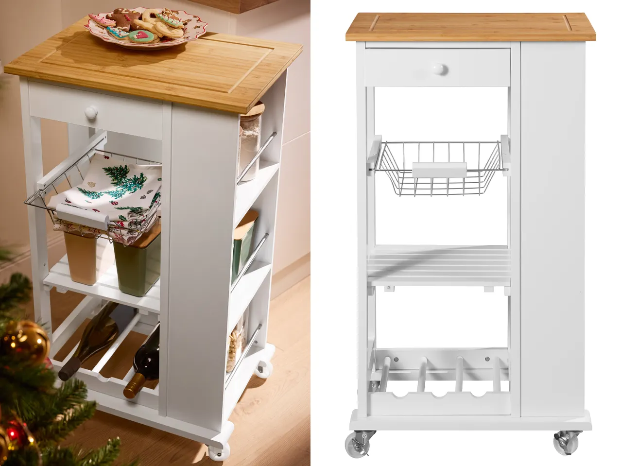 Бяла кухненска количка с бамбуков плот, чекмедже, кошница, рафтове и поставка за бутилки.