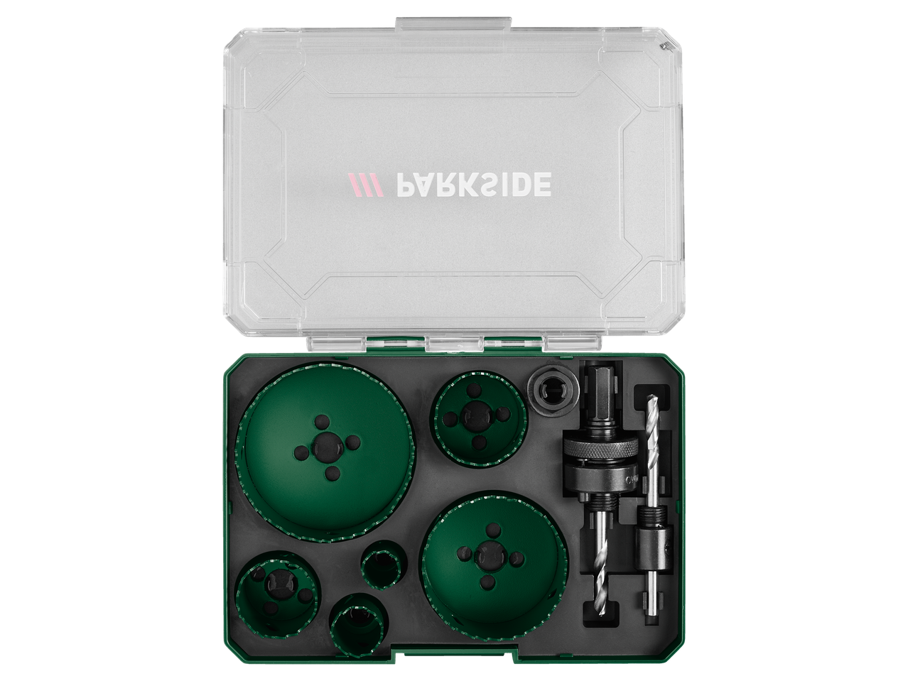 A set of green hole saws and drill bits in a clear plastic case.