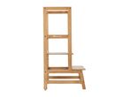 Wooden learning tower with adjustable steps for children, light brown wood.