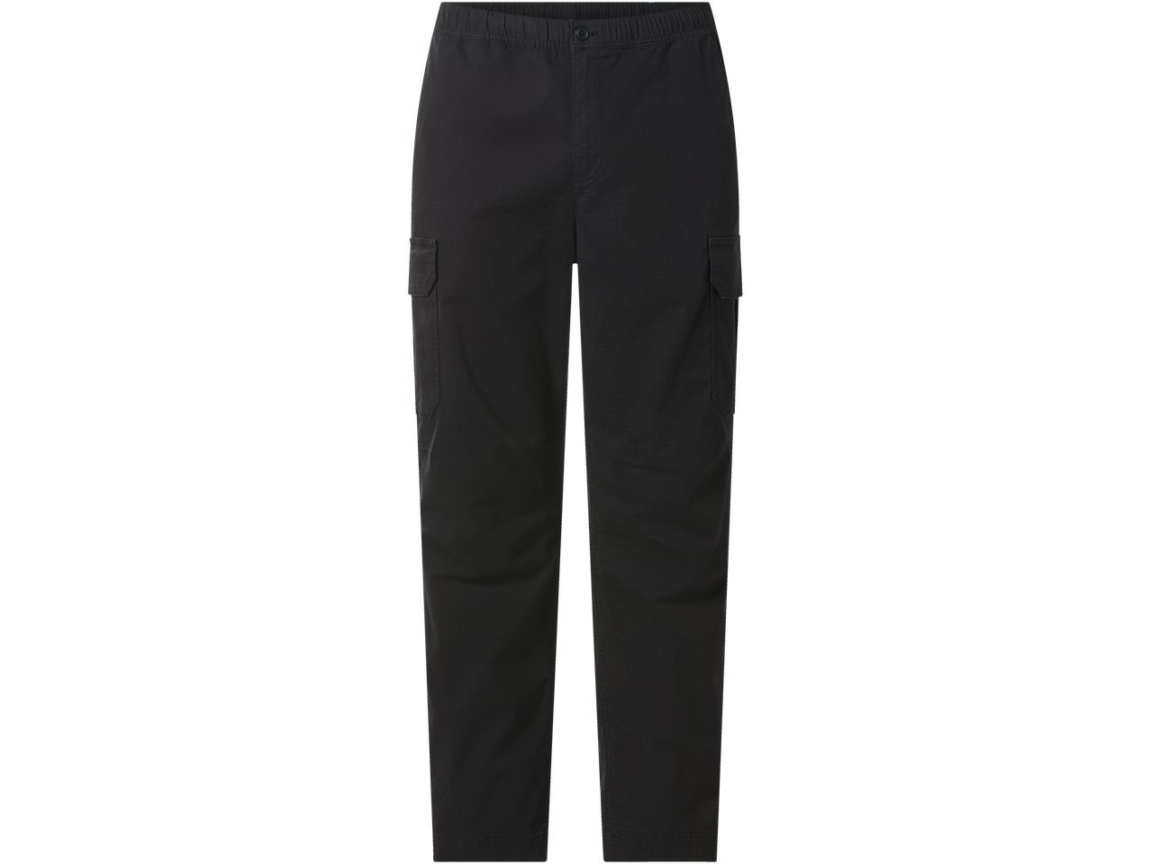 Mustad cargo-püksid elastse vöökoha ja küljetaskutega.