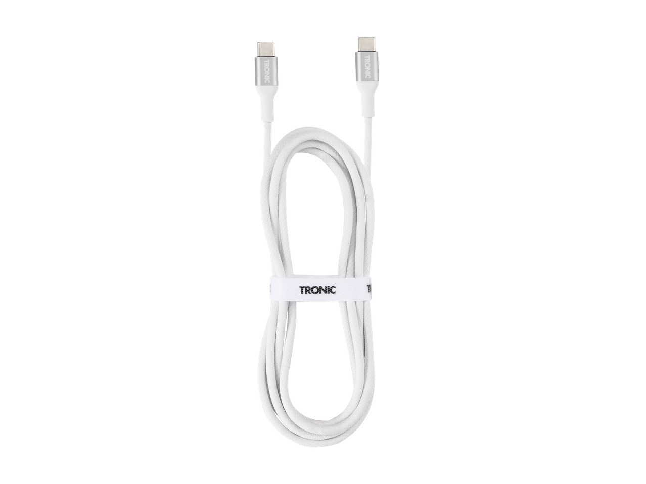 Λευκό καλώδιο TRONIC USB-C σε USB-C, τυλιγμένο και στερεωμένο με ταινία.