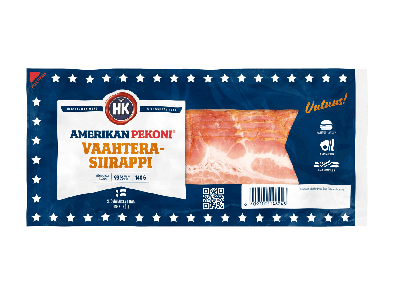 Vaahterasiirapilla maustettu amerikanpekoni 140 gramman pakkauksessa.