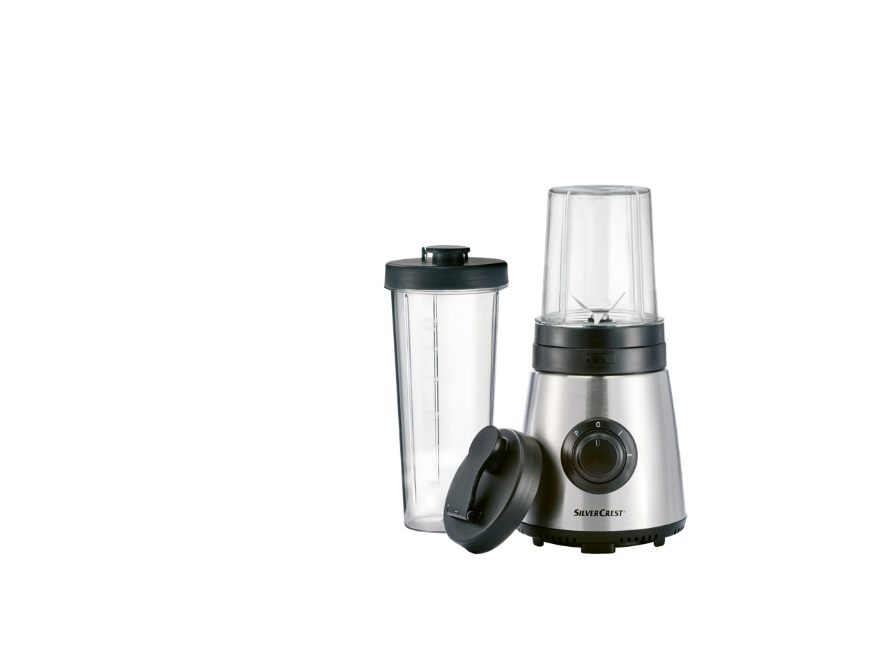Liquidificador Silvercrest® Smoothie-Maker com dois copos em fundo preto.