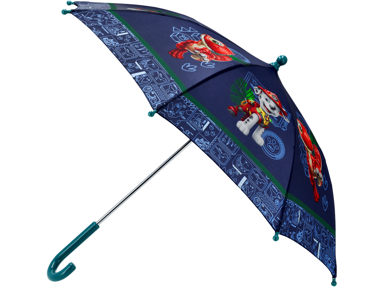 Paw Patrol paraplu met Marshall en dinosaurussen, donkerblauw met groene details.