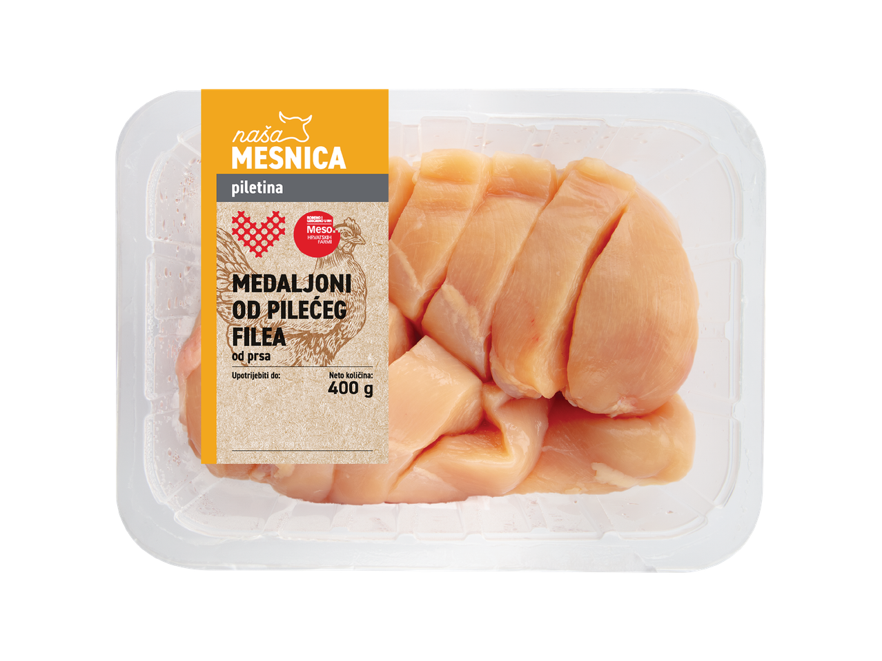 Pakiranje pilećih medaljona od filea prsa, 400g.