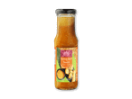 Flaske med forårsrullesauce med jordnøddesauce og billede af forårsruller.