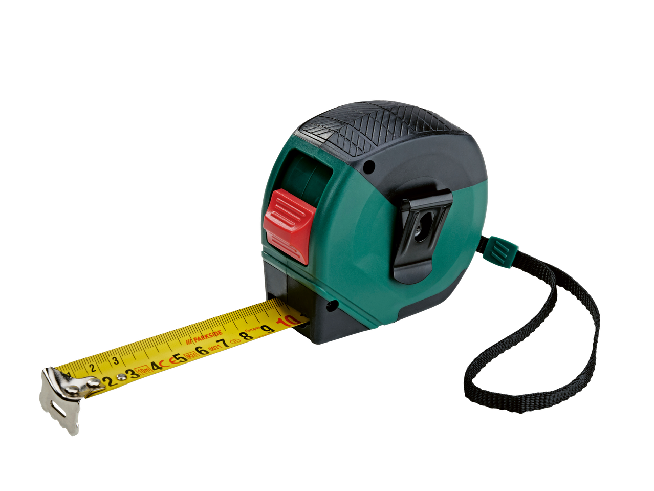 PARKSIDE roheline ja must mõõdulint väljatõmmatud kollase lindi ja metallkonksuga.