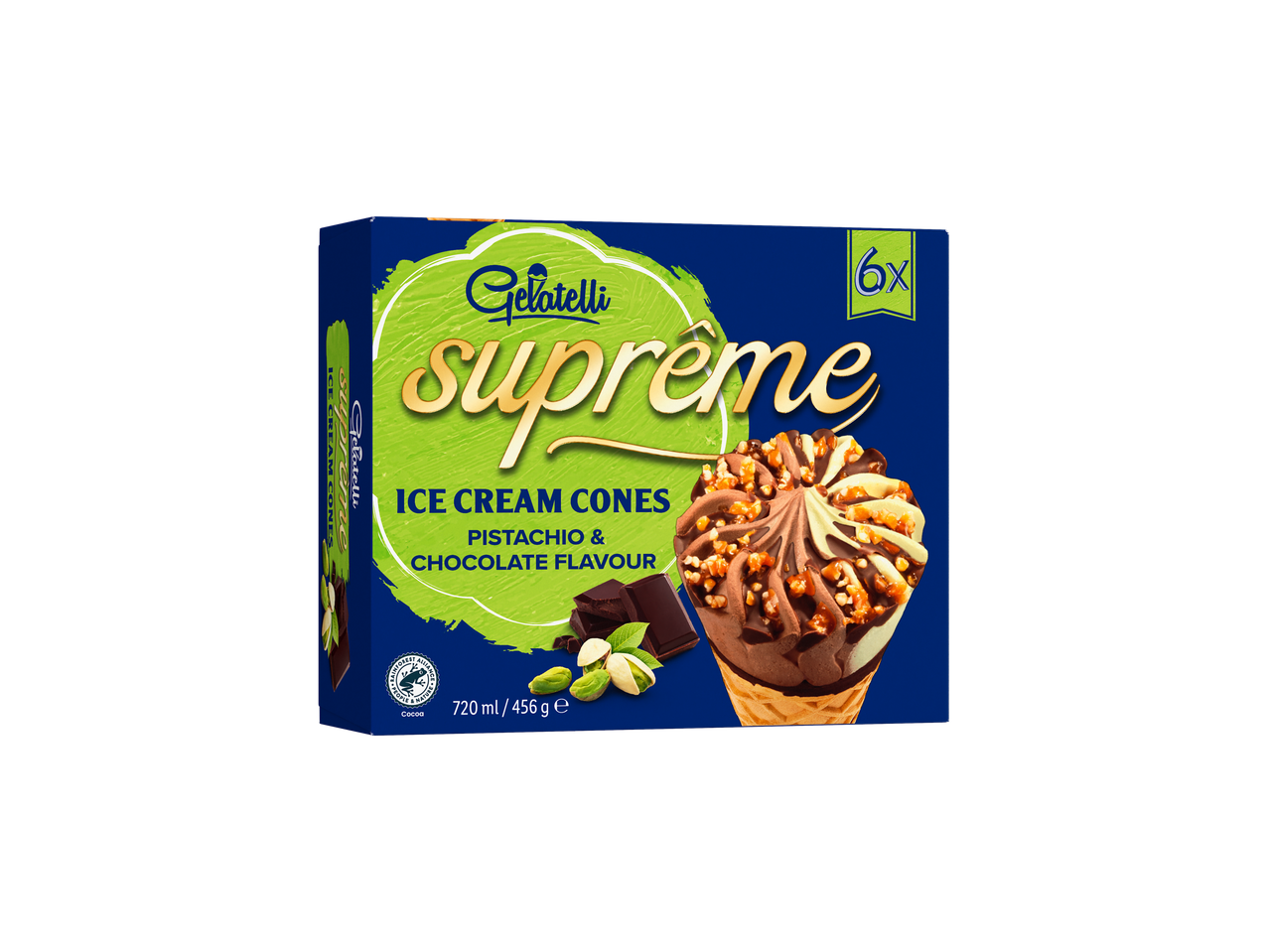 Cornets glacés Gelatelli Supreme, saveur pistache et chocolat.