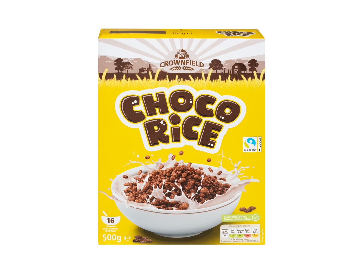 Crownfield Choco Rice chocolate cereal: 500g, Fairtrade cocoa.