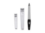 Two silver nail clippers and a black and silver nail file on a white background.