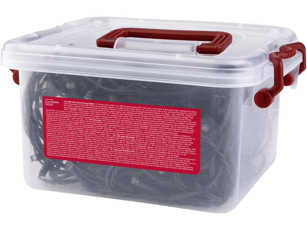LIVARNO home 580 LED valgusketid läbipaistvas plastkarbis punaste käepidemetega.