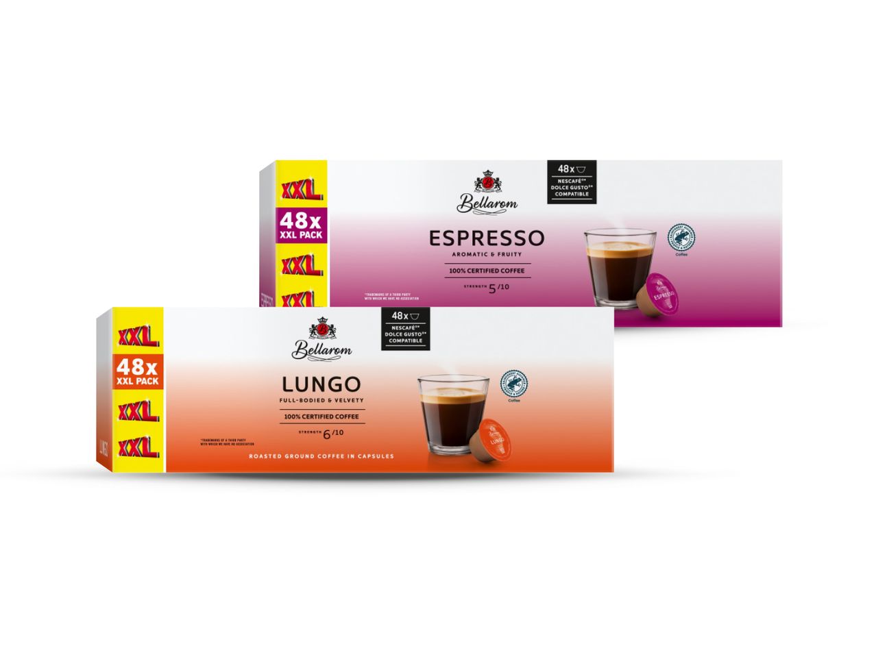 Dva pakiranja kave Bellarom, Espresso i Lungo, kompatibilne s Dolce Gusto.